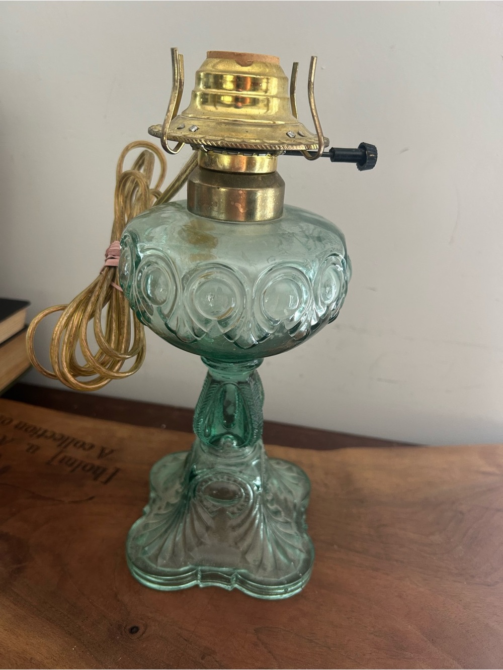 Seagram Green Glass Princess feathered electrified kerosene stand Table lamp